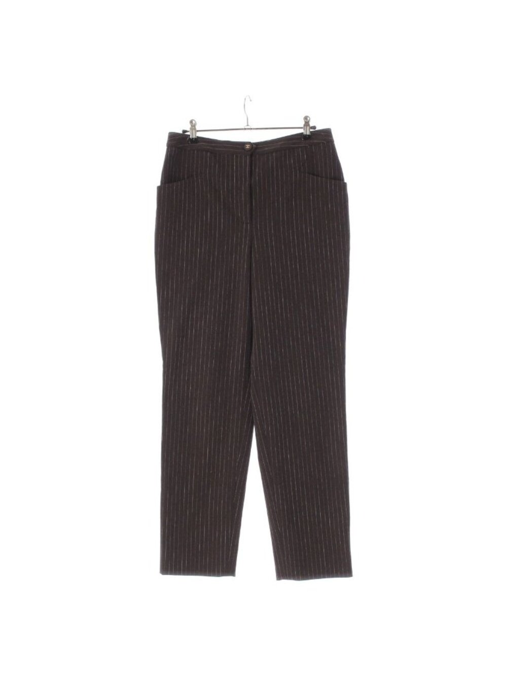 Chanel Vintage Paper Tag Wool Coco Buttons Striped Wide Trousers Pants Brown 42